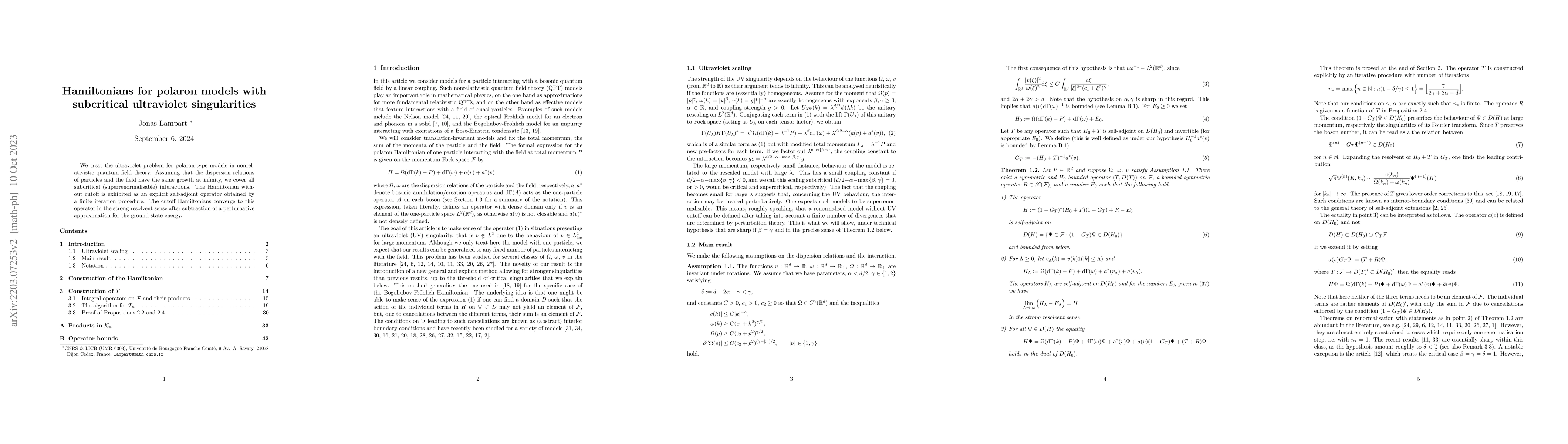 Thumbnail for Hamiltonians for polaron models with subcritical ultraviolet
  singularities