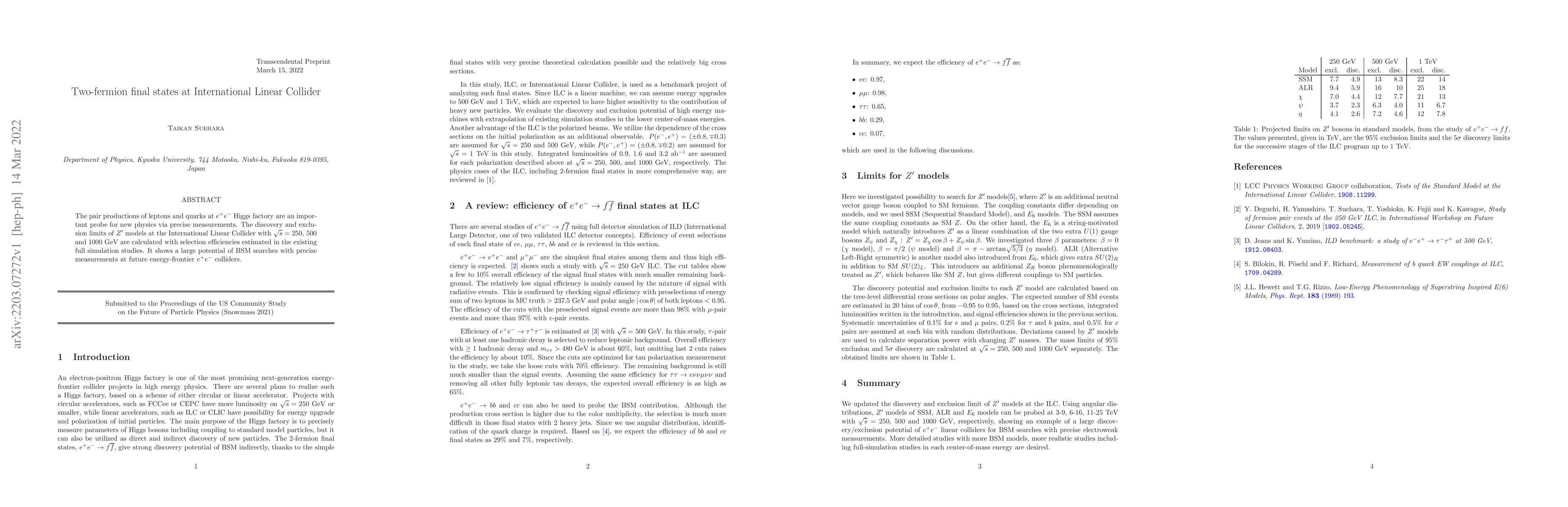 Thumbnail for Two-fermion final states at International Linear Collider