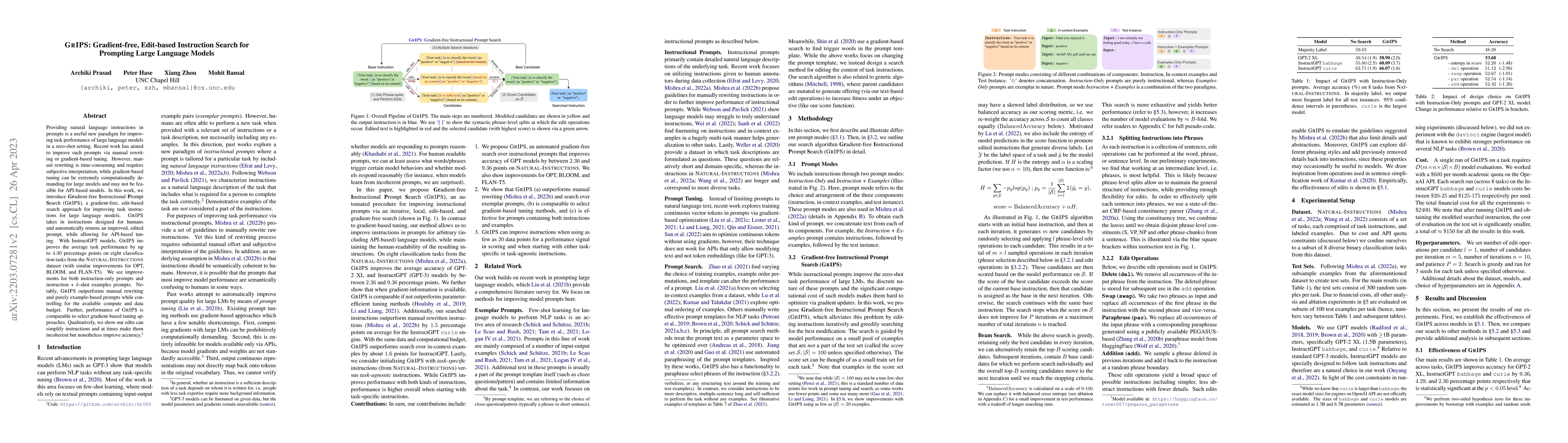 Thumbnail for GrIPS: Gradient-free, Edit-based Instruction Search for Prompting Large
  Language Models