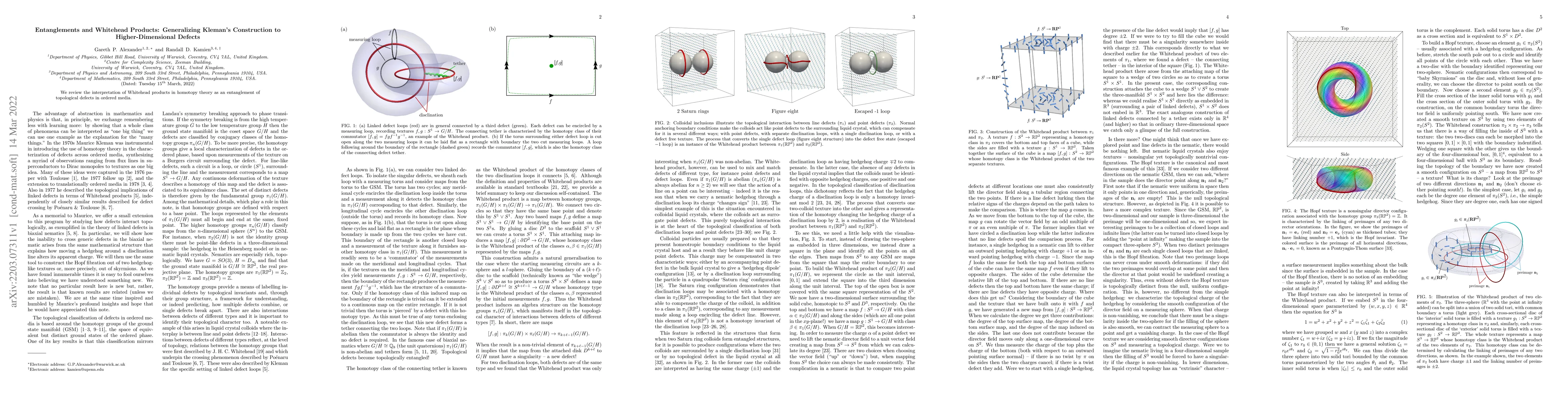 Thumbnail for Entanglements and Whitehead Products: Generalizing Kleman's Construction
  to Higher-Dimensional Defects