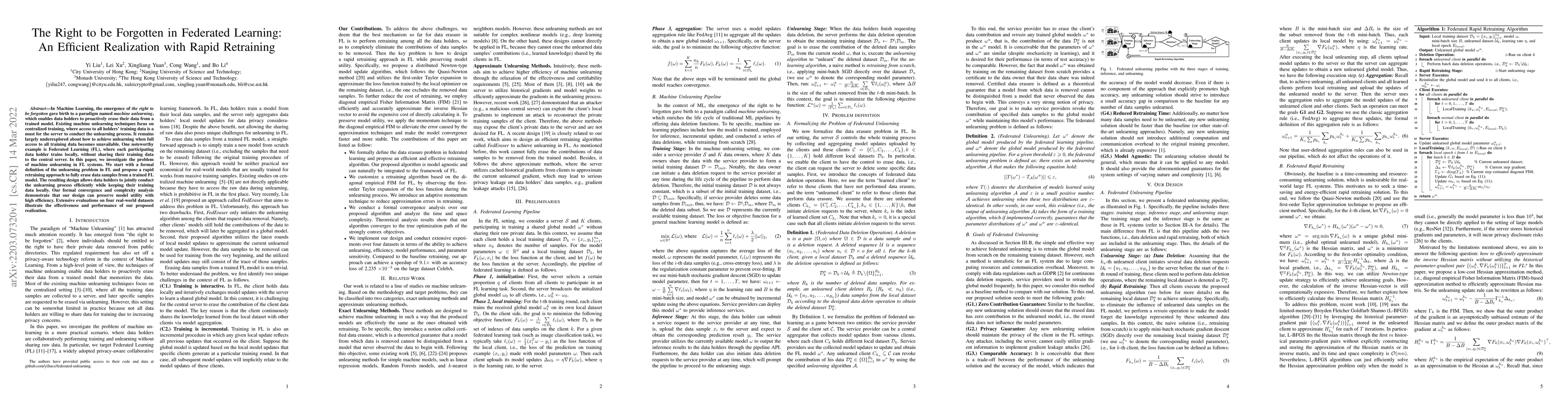 Thumbnail for The Right to be Forgotten in Federated Learning: An Efficient
  Realization with Rapid Retraining