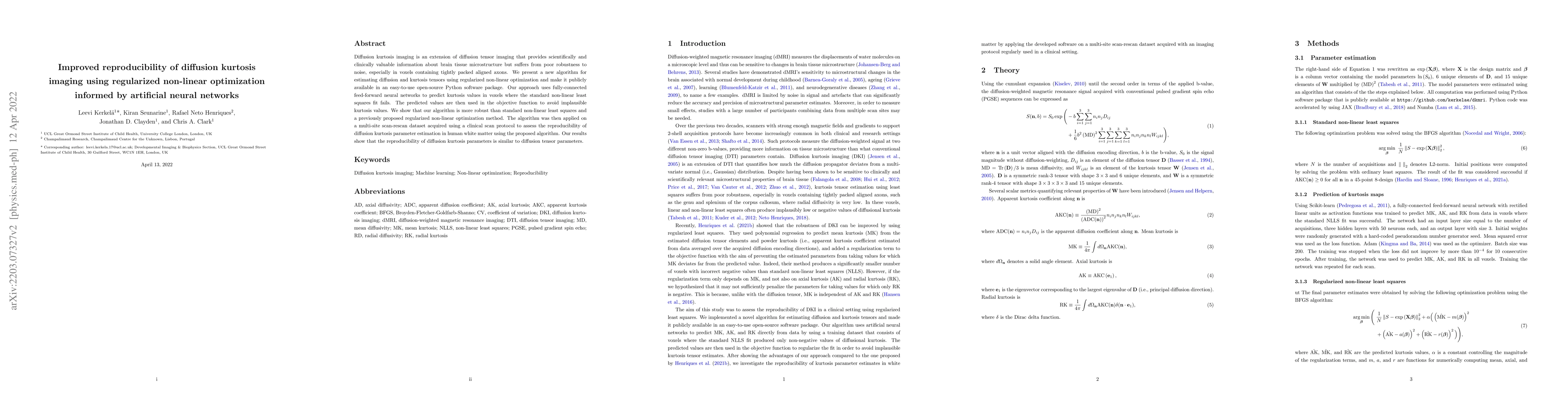 Thumbnail for Improved reproducibility of diffusion kurtosis imaging using regularized
  non-linear optimization informed by artificial neural networks