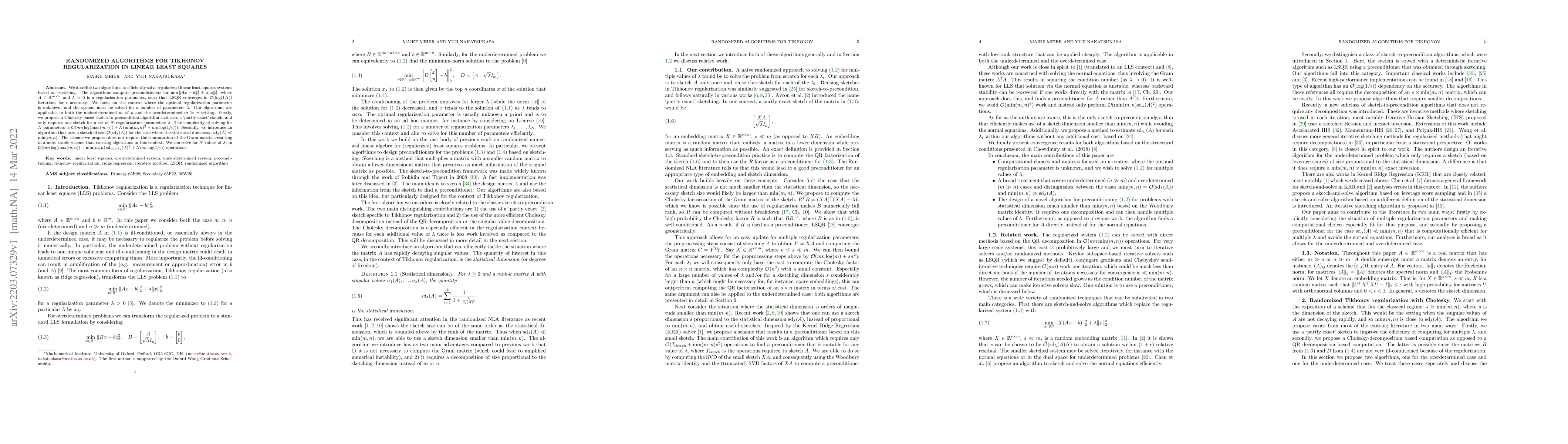 Thumbnail for Randomized algorithms for Tikhonov regularization in linear least
  squares