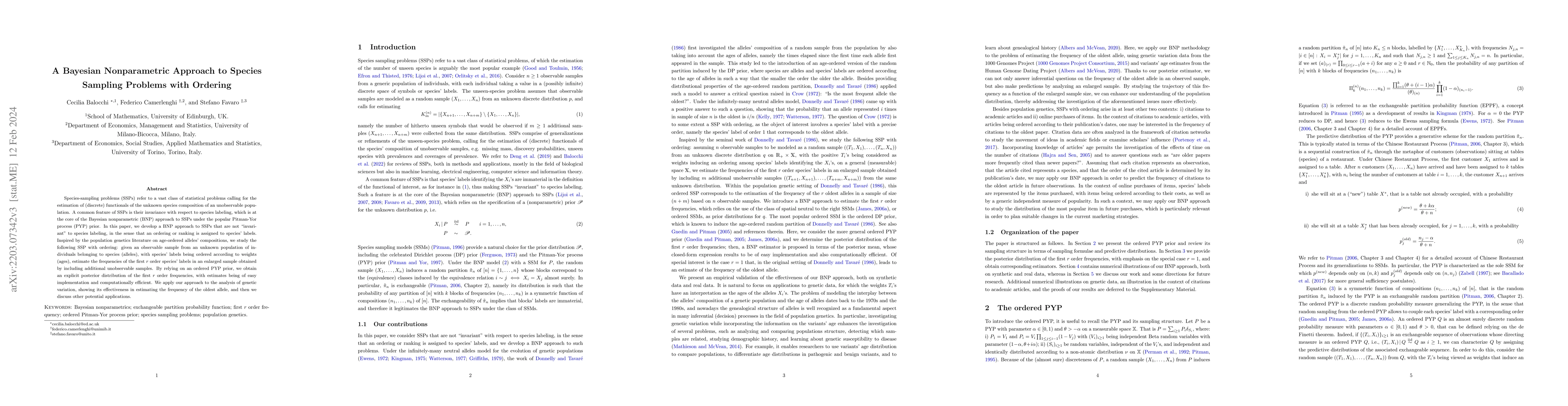 Thumbnail for A Bayesian Nonparametric Approach to Species Sampling Problems with
  Ordering
