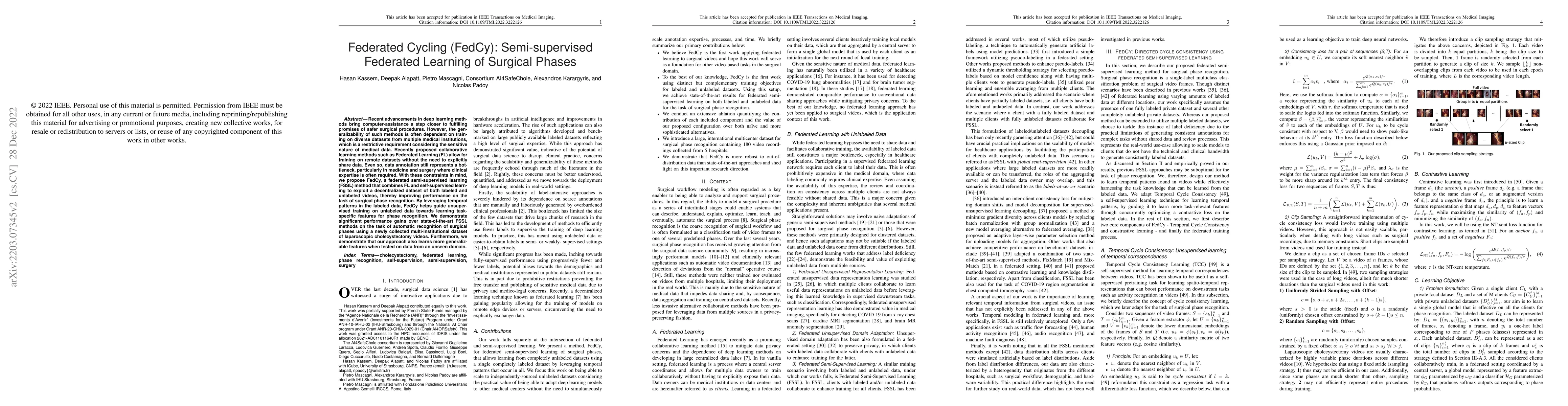 Thumbnail for Federated Cycling (FedCy): Semi-supervised Federated Learning of
  Surgical Phases