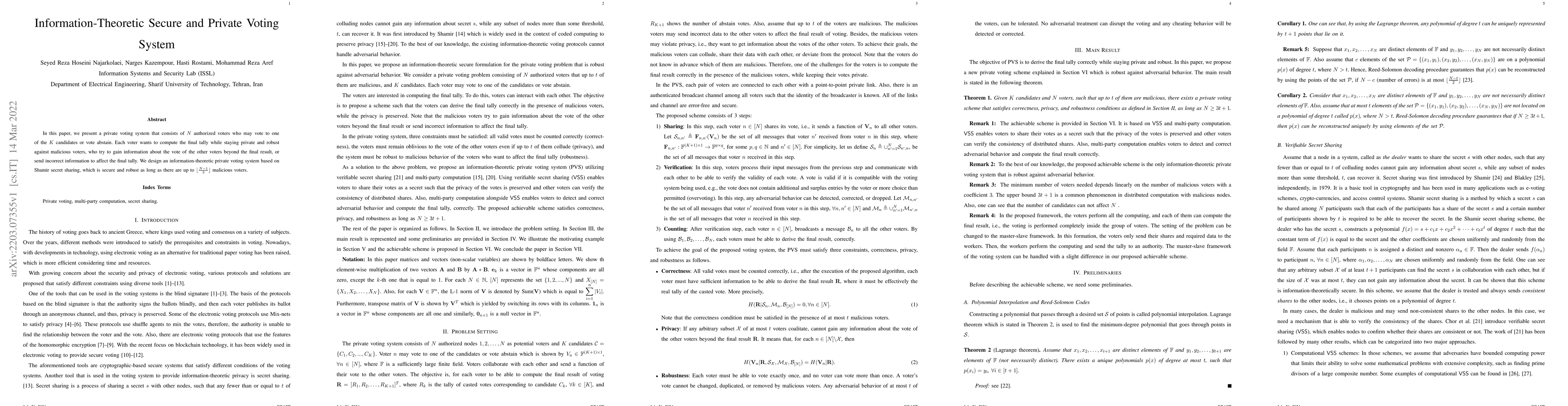 Thumbnail for Information-Theoretic Secure and Private Voting System