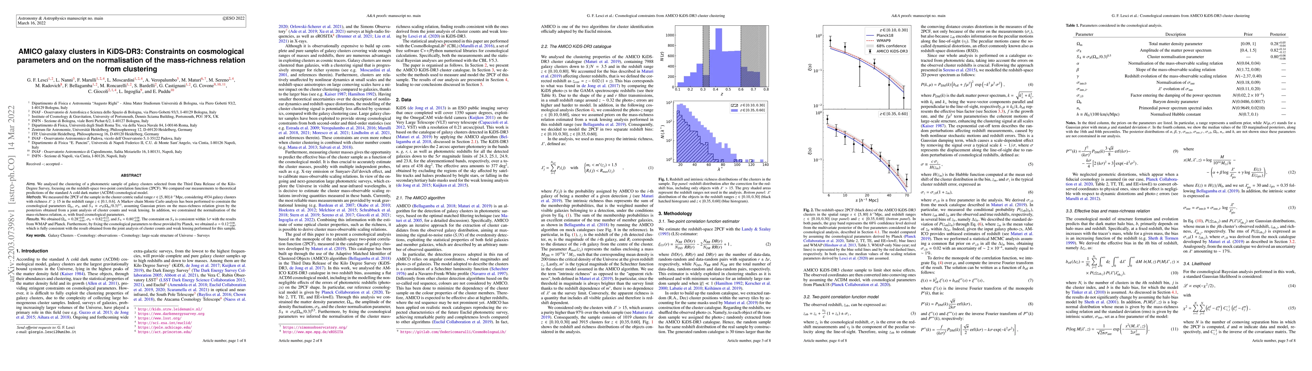 Thumbnail for AMICO galaxy clusters in KiDS-DR3: Constraints on cosmological
  parameters and on the normalisation of the mass-richness relation from
  clustering
