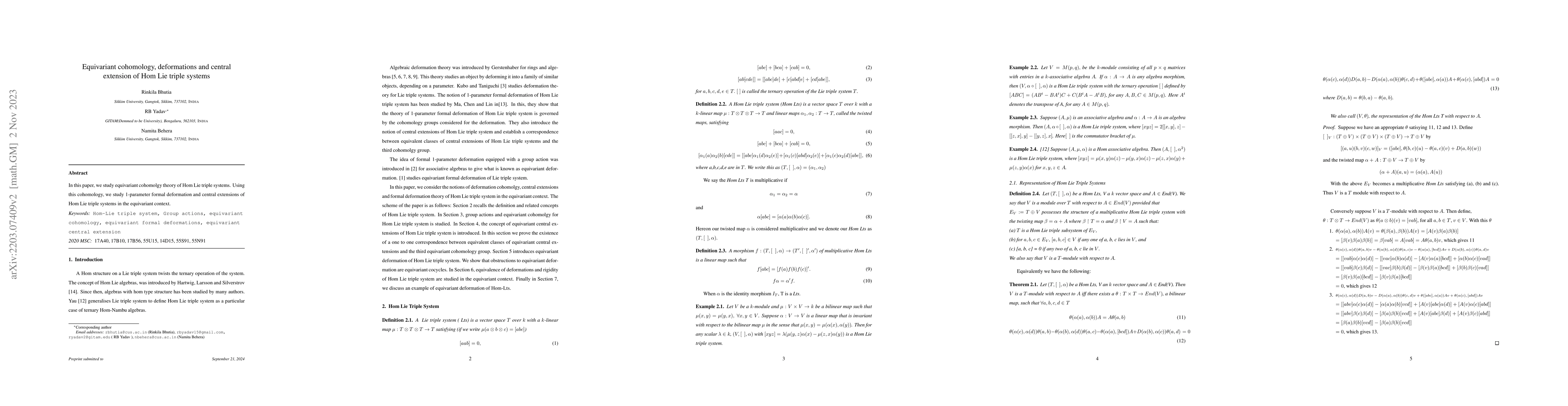 Thumbnail for Equivariant cohomology, deformations and central extension of Hom Lie
  triple systems