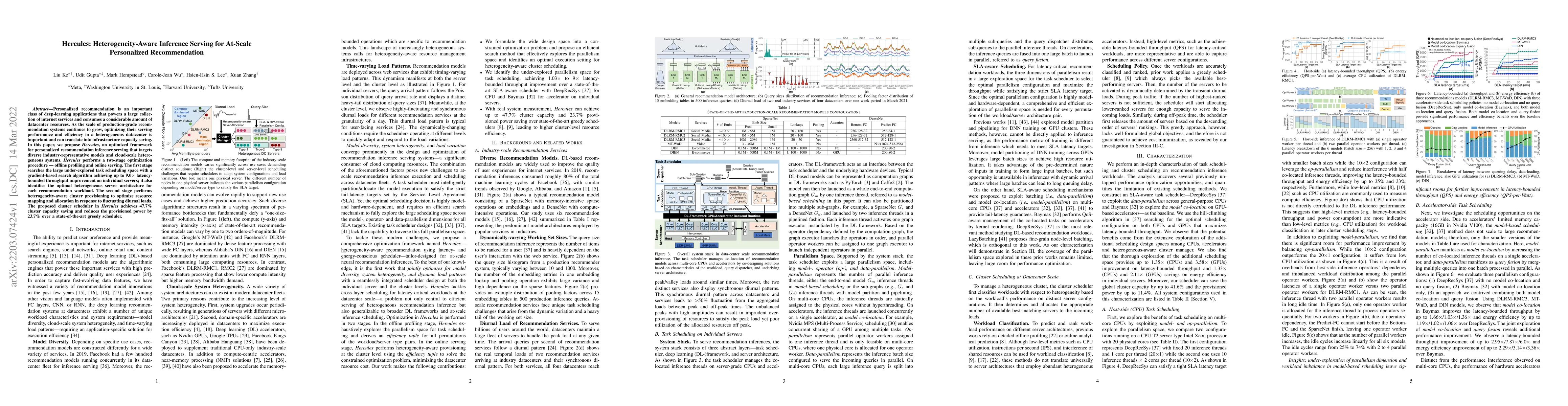 Thumbnail for Hercules: Heterogeneity-Aware Inference Serving for At-Scale
  Personalized Recommendation