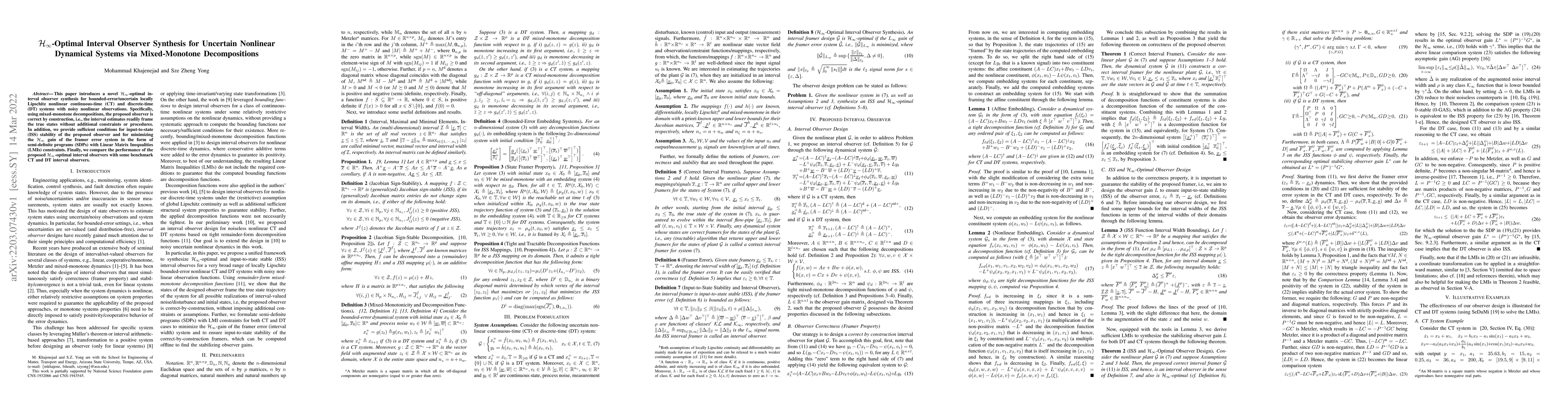 Thumbnail for $\mathcal{H}_{\infty}$-optimal Interval Observer Synthesis for Uncertain
  Nonlinear Dynamical Systems via Mixed-Monotone Decompositions