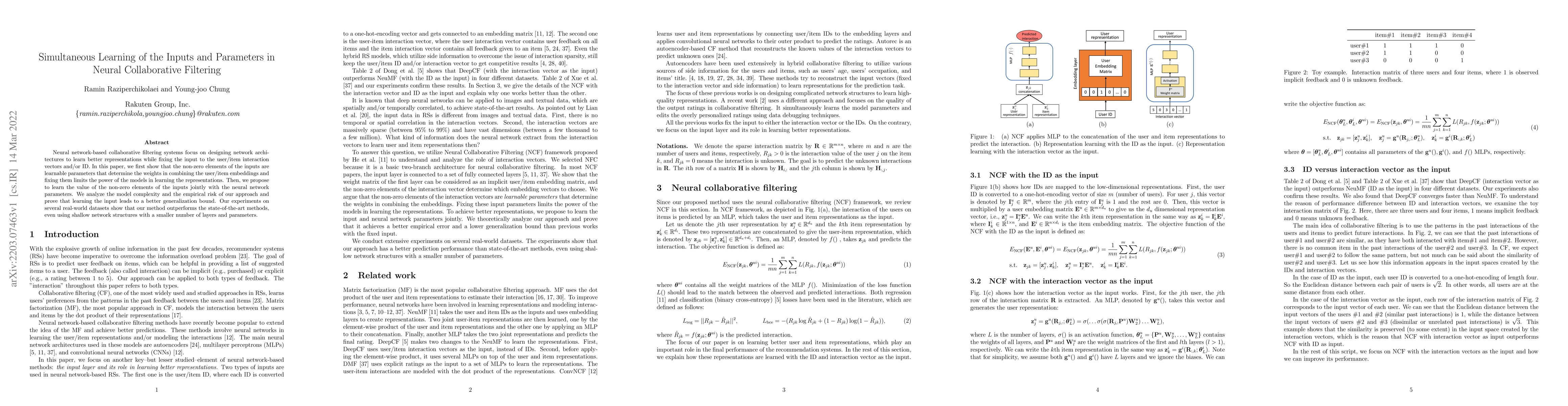 Thumbnail for Simultaneous Learning of the Inputs and Parameters in Neural
  Collaborative Filtering