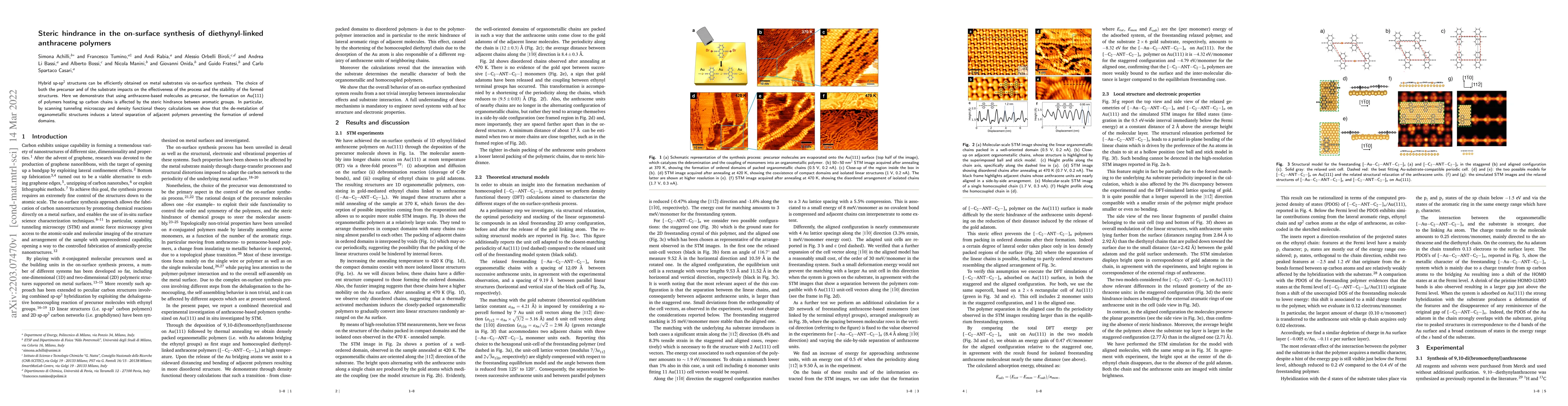 Thumbnail for Steric hindrance in the on-surface synthesis of diethynyl-linked
  anthracene polymers