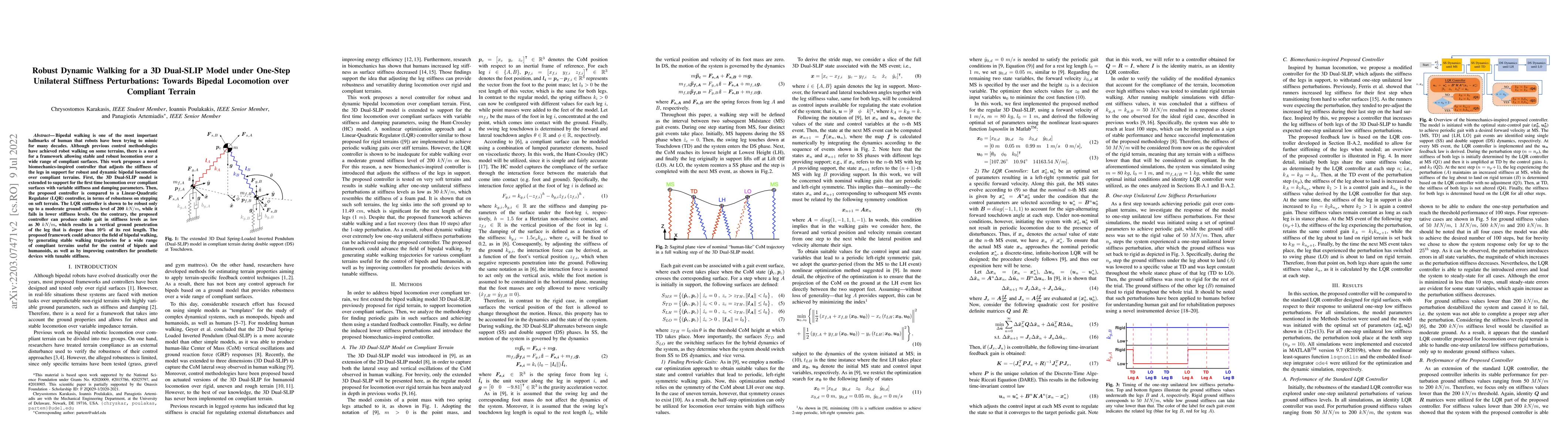 Thumbnail for Robust Dynamic Walking for a 3D Dual-SLIP Model under One-Step
  Unilateral Stiffness Perturbations: Towards Bipedal Locomotion over Compliant
  Terrain