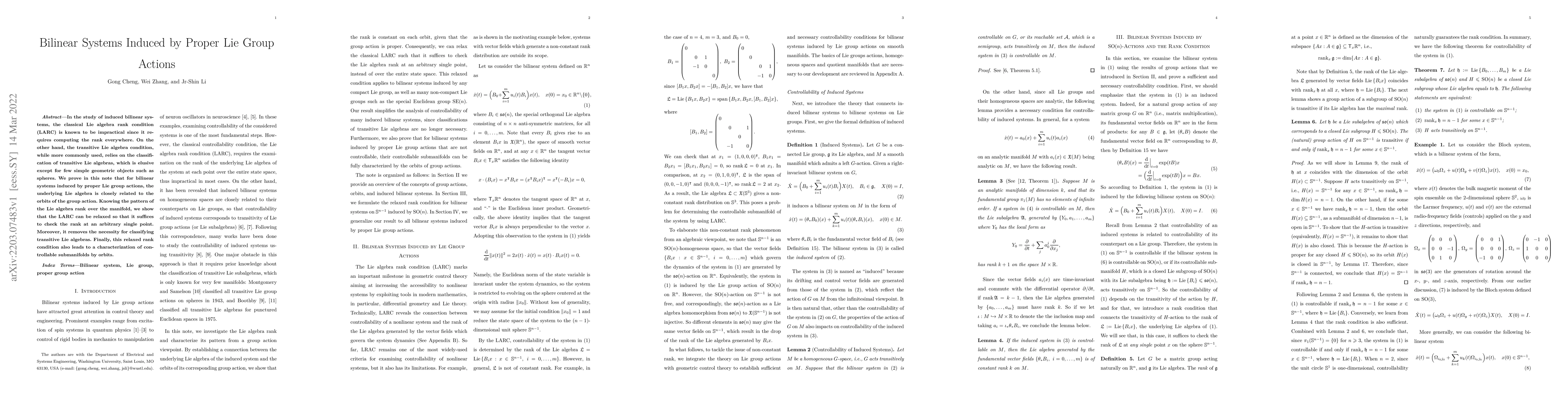 Thumbnail for Bilinear Systems Induced by Proper Lie Group Actions