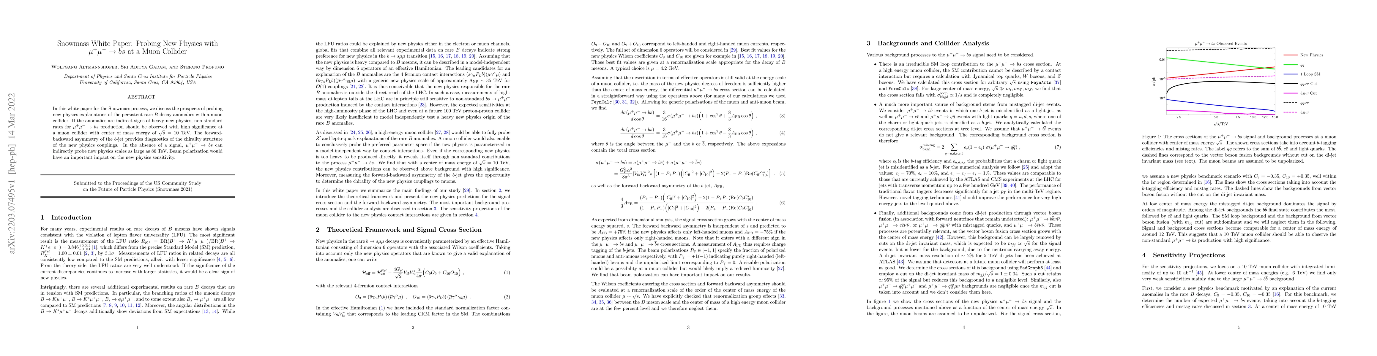 Thumbnail for Snowmass White Paper: Probing New Physics with $\mu^+ \mu^- \to bs$ at a
  Muon Collider