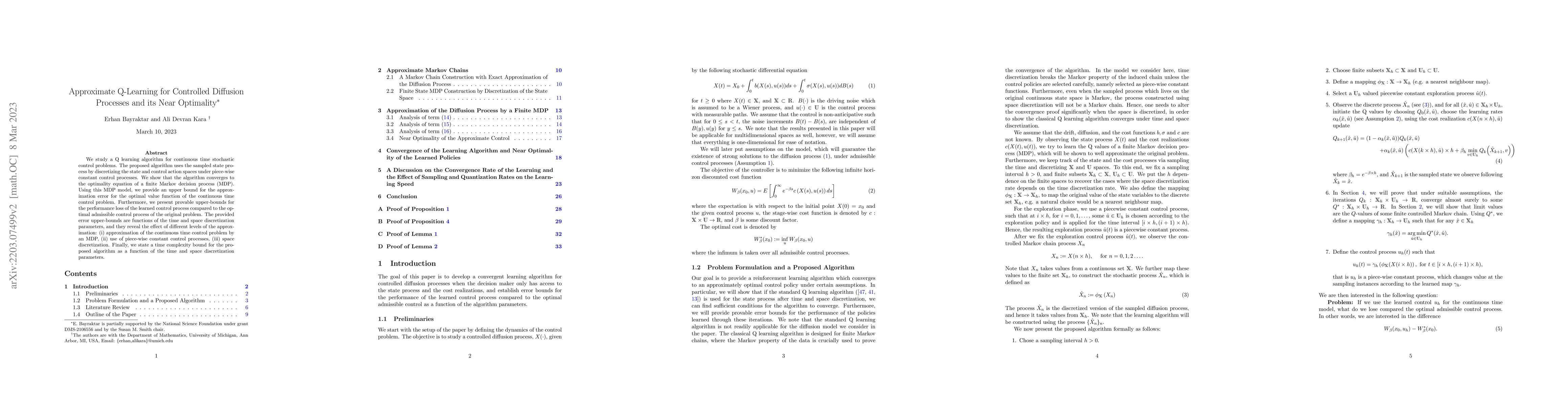 Thumbnail for Approximate Q-Learning for Controlled Diffusion Processes and its Near
  Optimality