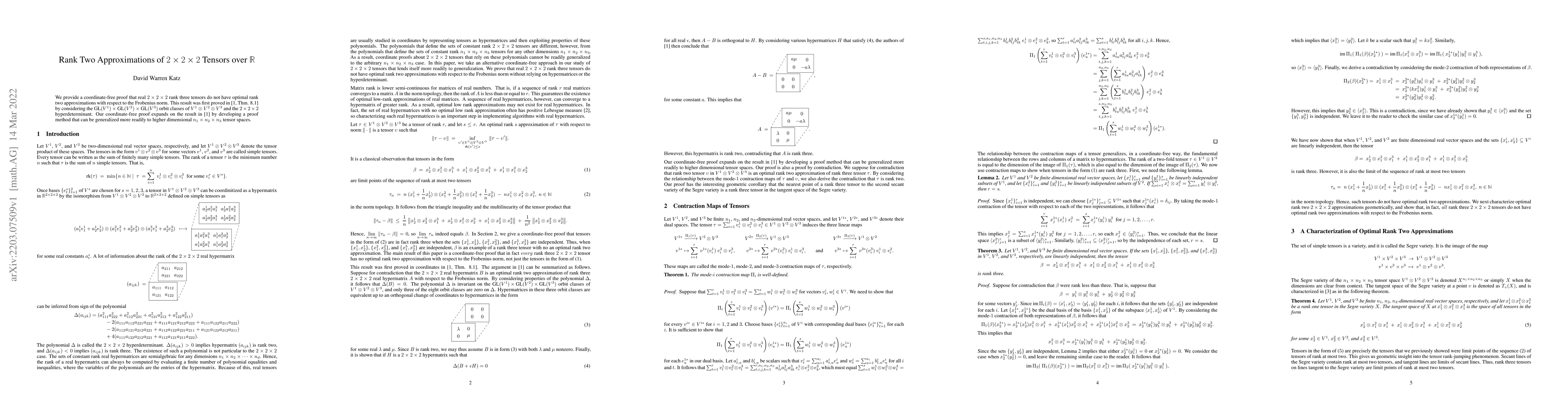 Thumbnail for Rank Two Approximations of $2 \times 2 \times 2$ Tensors over
  $\mathbb{R}$