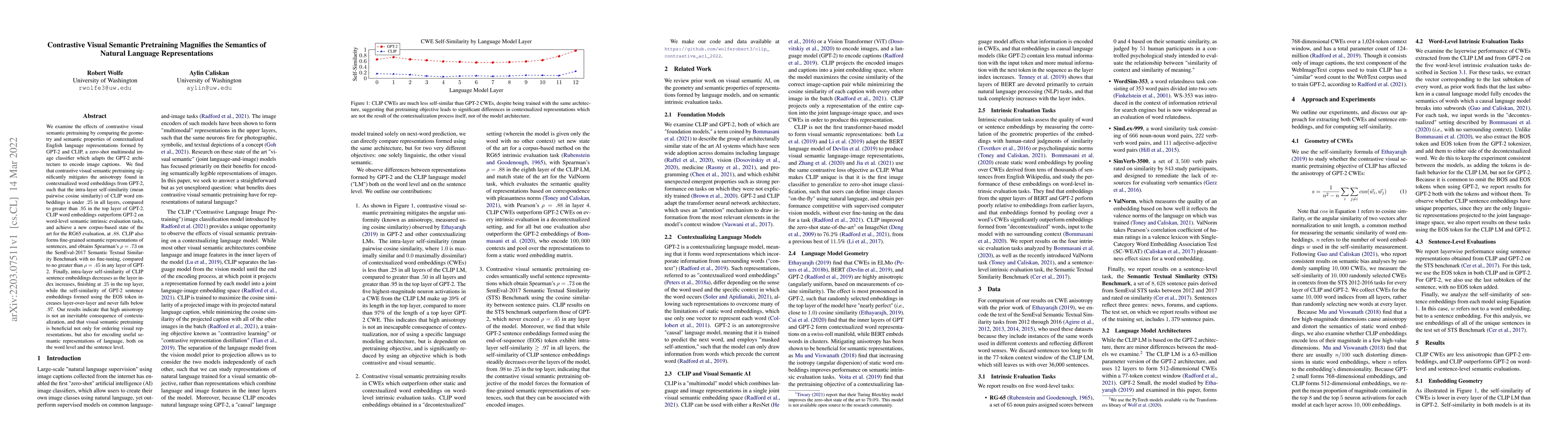Thumbnail for Contrastive Visual Semantic Pretraining Magnifies the Semantics of
  Natural Language Representations