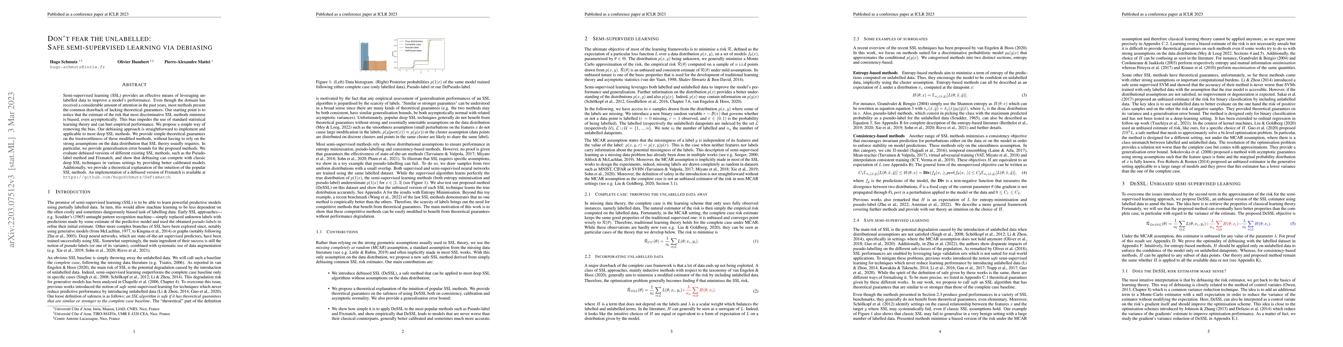 Thumbnail for Don't fear the unlabelled: safe semi-supervised learning via simple
  debiasing