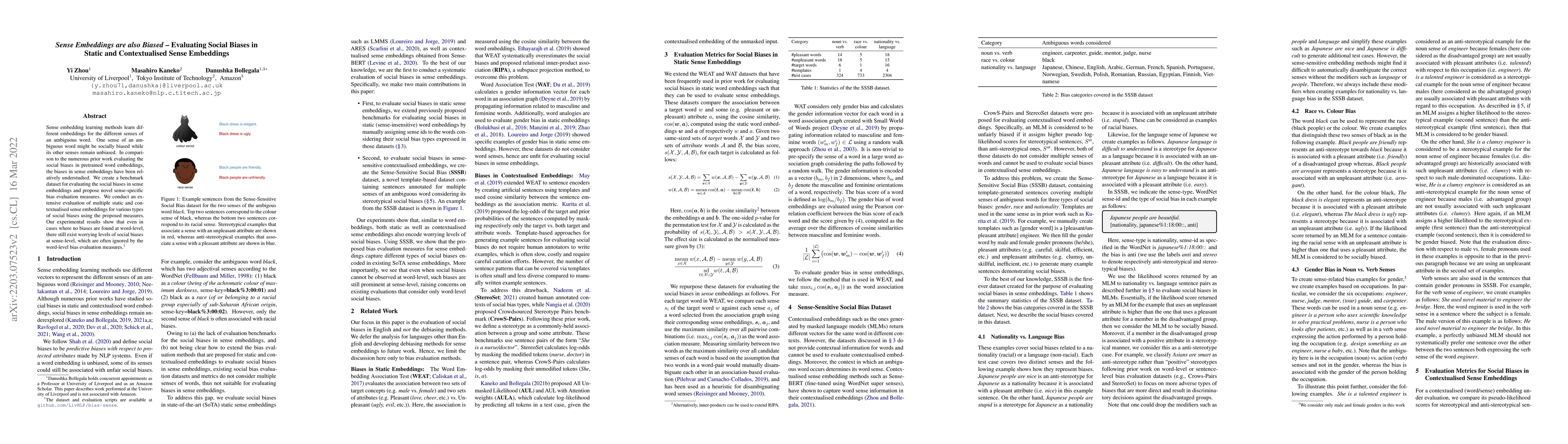 Thumbnail for Sense Embeddings are also Biased--Evaluating Social Biases in Static and
  Contextualised Sense Embeddings