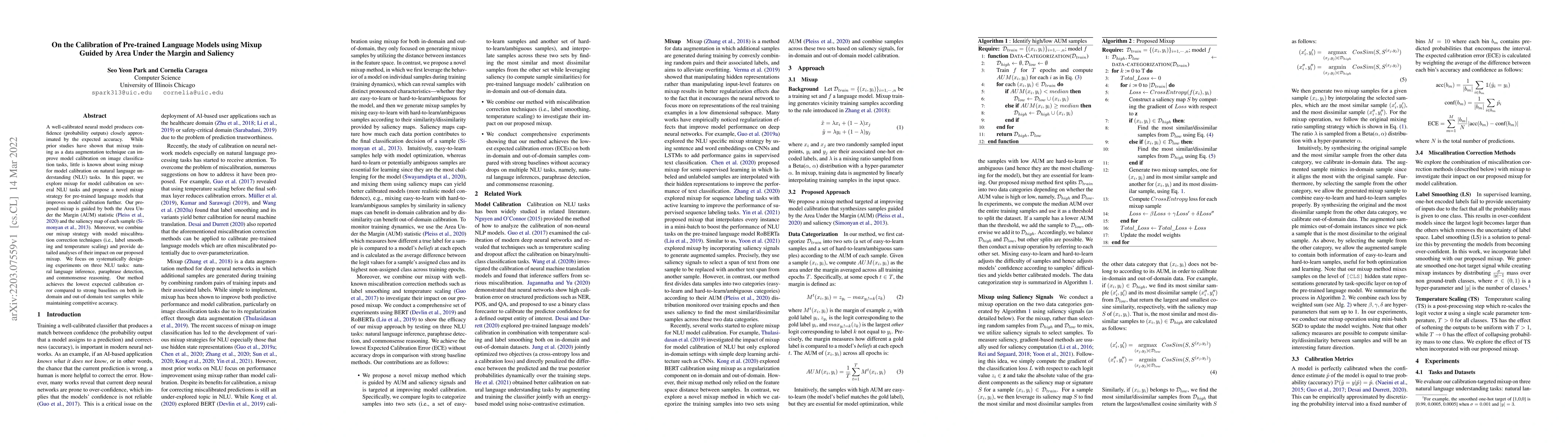 Thumbnail for On the Calibration of Pre-trained Language Models using Mixup Guided by
  Area Under the Margin and Saliency