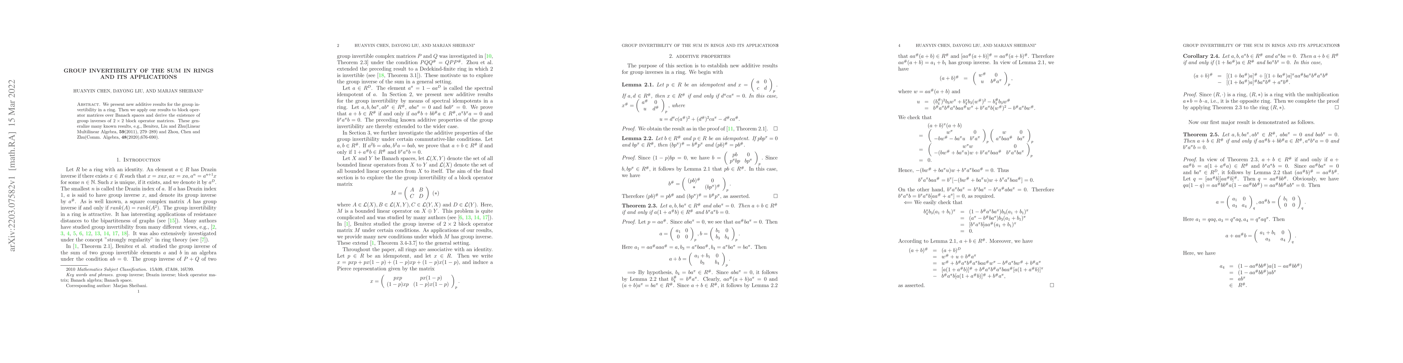 Thumbnail for Group invertibility of the sum in rings and its applications