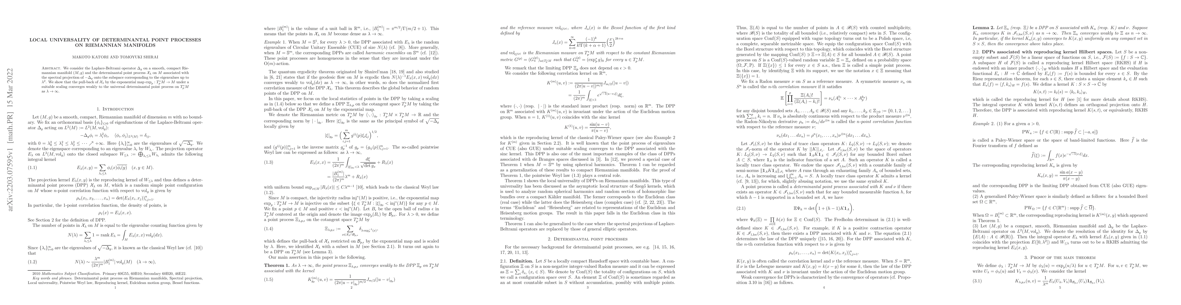 Thumbnail for Local universality of determinantal point processes on Riemannian
  manifolds