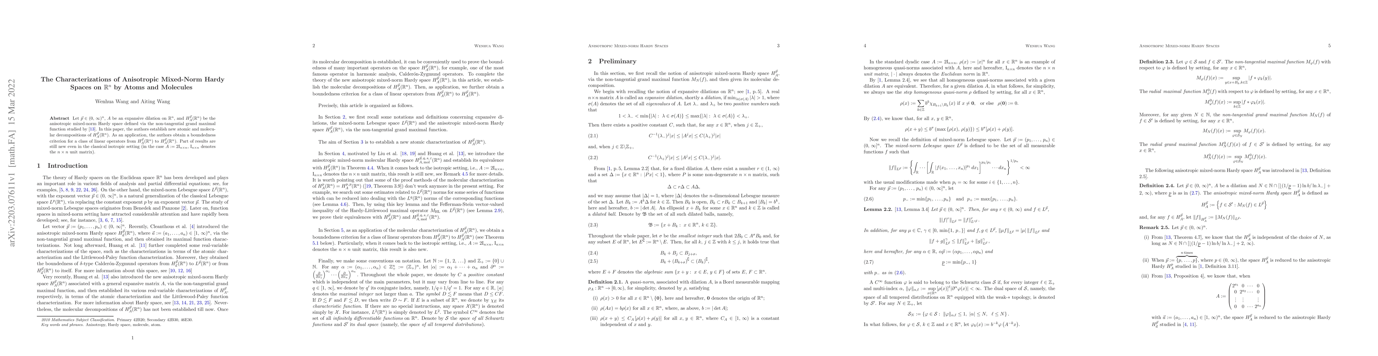 Thumbnail for The Characterizations of Anisotropic Mixed-Norm Hardy Spaces on
  $\mathbb{R}^n$ by Atoms and Molecules