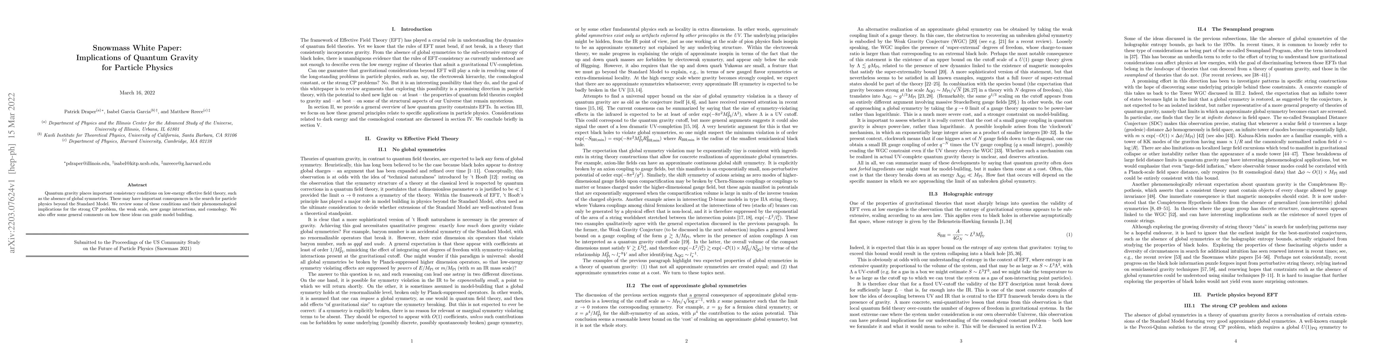 Thumbnail for Snowmass White Paper: Implications of Quantum Gravity for Particle
  Physics