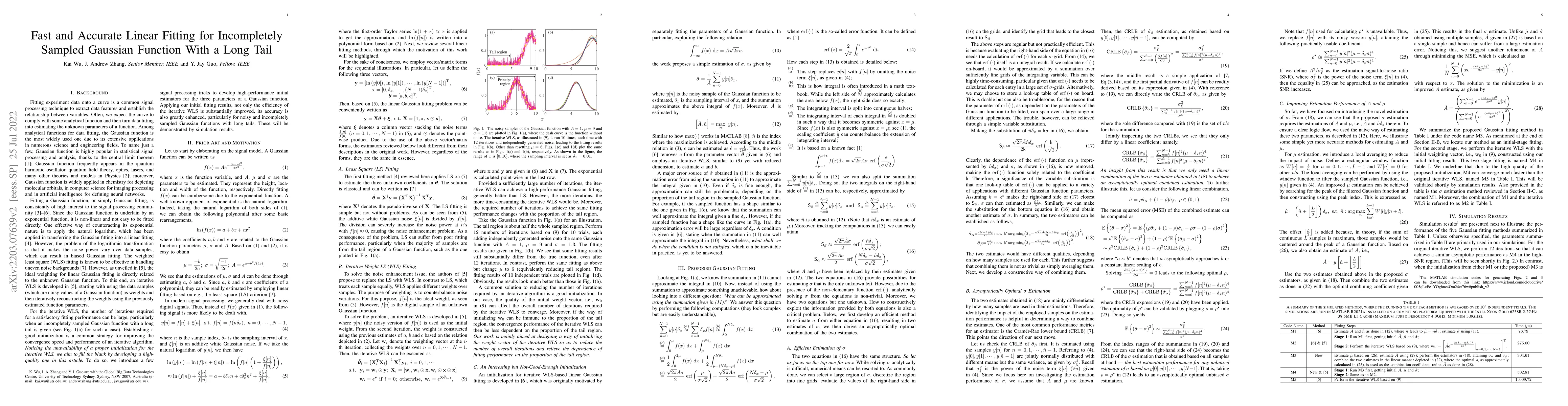 Thumbnail for Fast and Accurate Linear Fitting for Incompletely Sampled Gaussian
  Function With a Long Tail