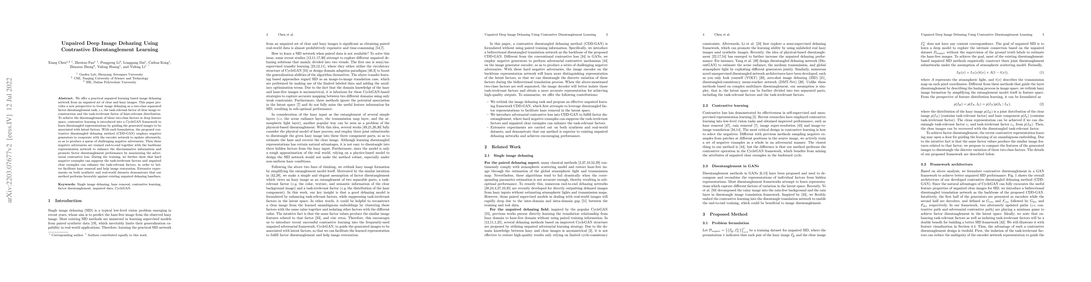 Thumbnail for Unpaired Deep Image Dehazing Using Contrastive Disentanglement Learning