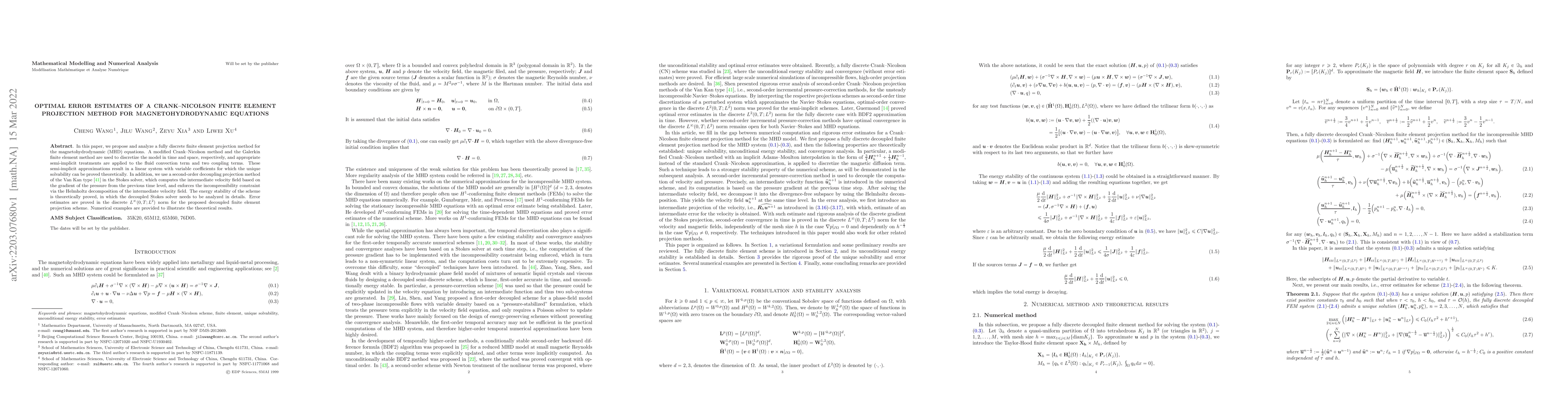 Thumbnail for Optimal error estimates of a Crank--Nicolson finite element projection
  method for magnetohydrodynamic equations