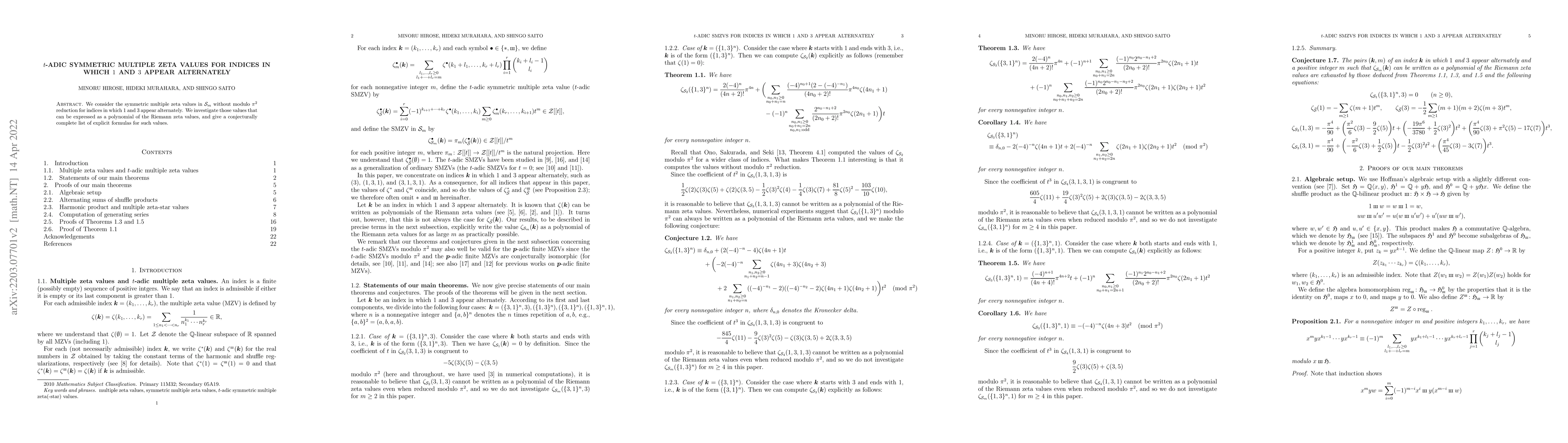 Thumbnail for $t$-adic symmetric multiple zeta values for indices in which $1$ and $3$
  appear alternately