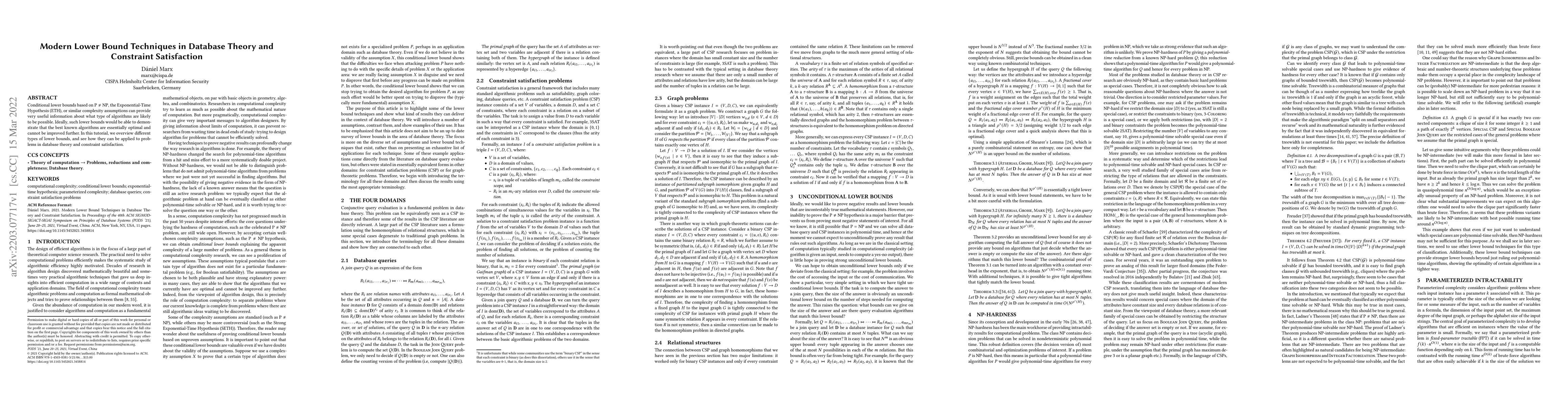 Thumbnail for Modern Lower Bound Techniques in Database Theory and Constraint
  Satisfaction