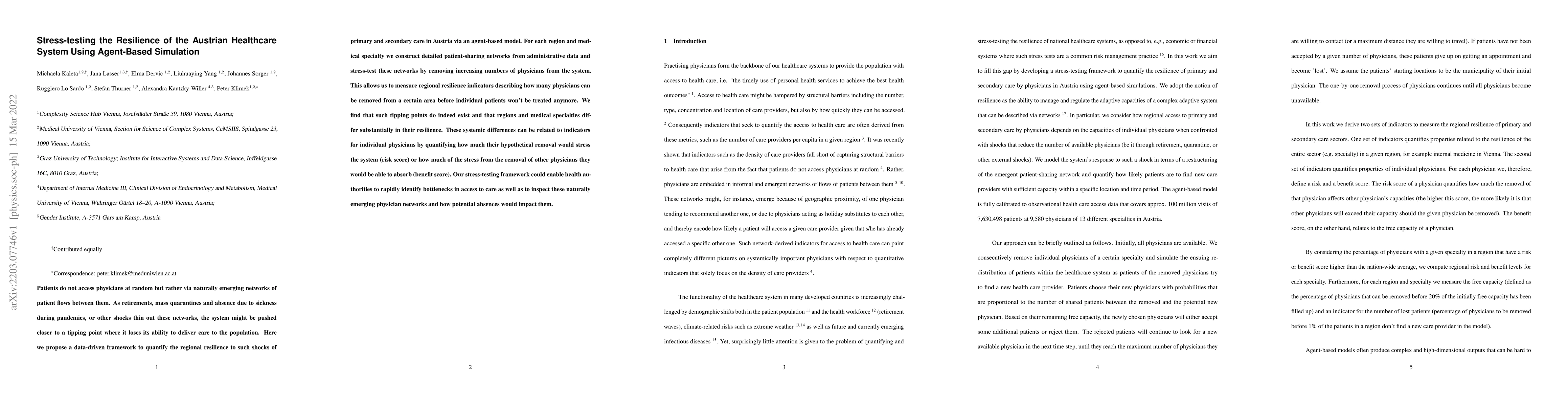 Thumbnail for Stress-testing the Resilience of the Austrian Healthcare System Using
  Agent-Based Simulation