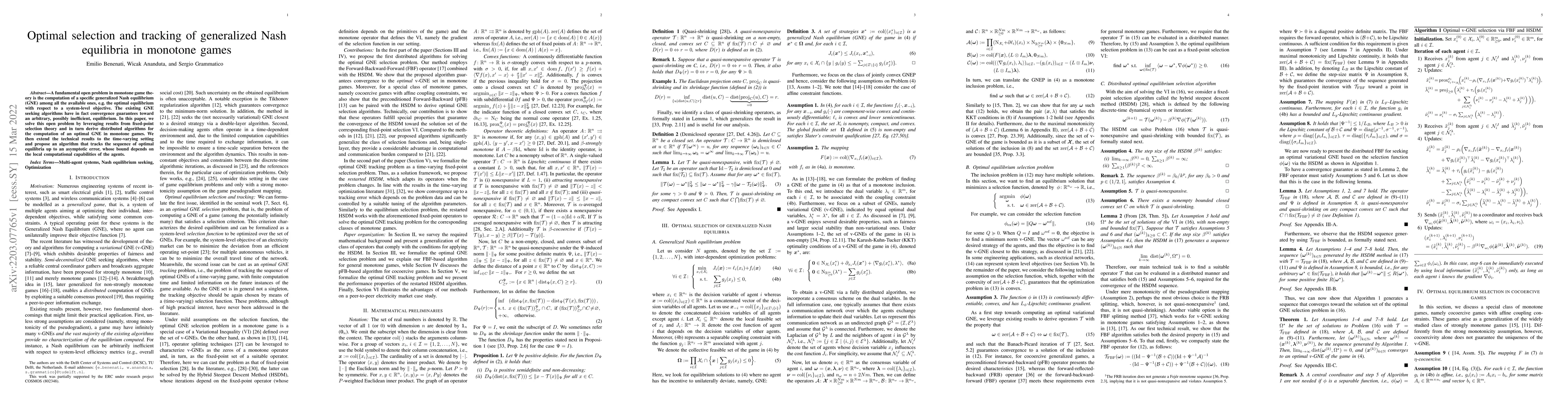 Thumbnail for Optimal selection and tracking of generalized Nash equilibria in
  monotone games