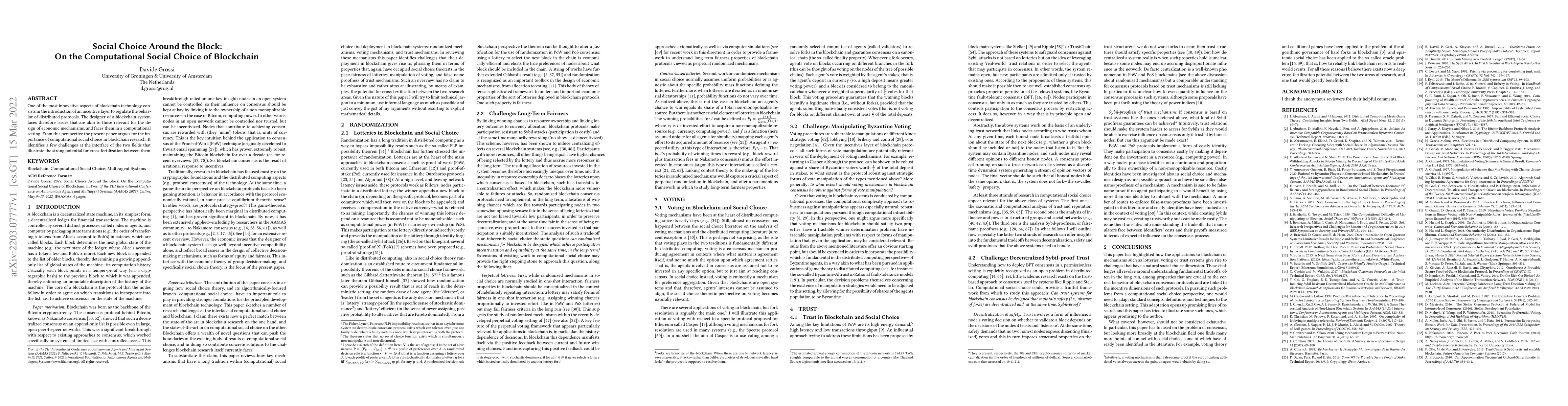 Thumbnail for Social Choice Around the Block: On the Computational Social Choice of
  Blockchain