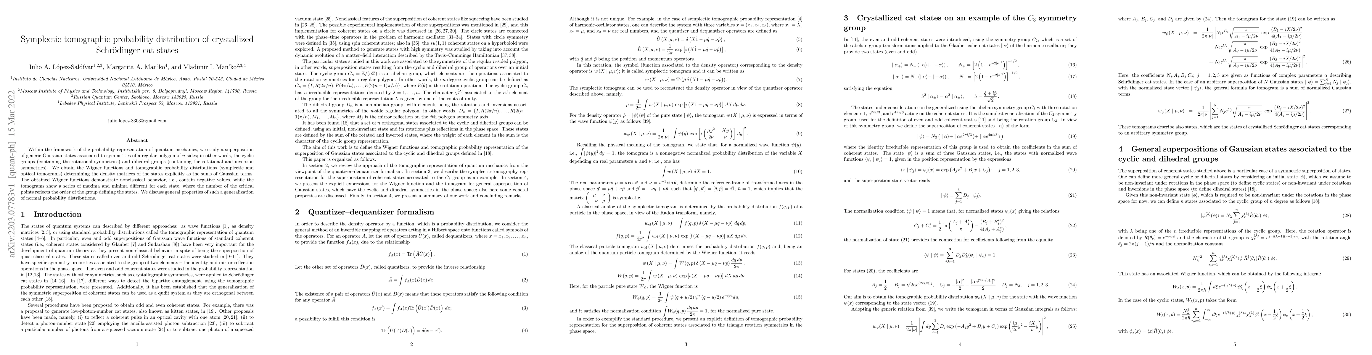 Thumbnail for Symplectic tomographic probability distribution of crystallized
  Schr\"odinger cat states