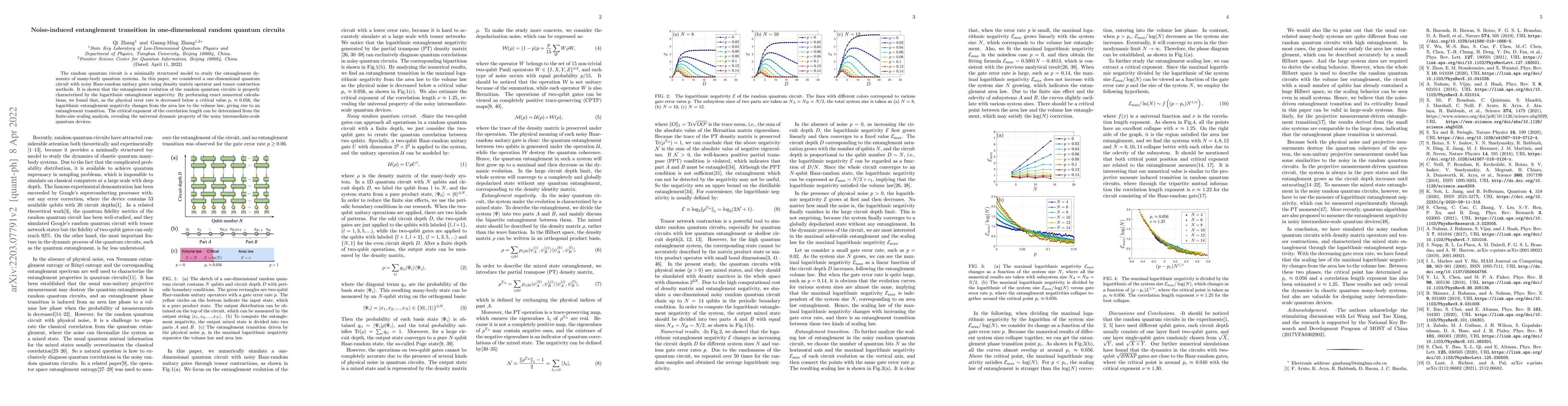 Thumbnail for Noisy induced entanglement transition in one-dimensional random quantum
  circuits
