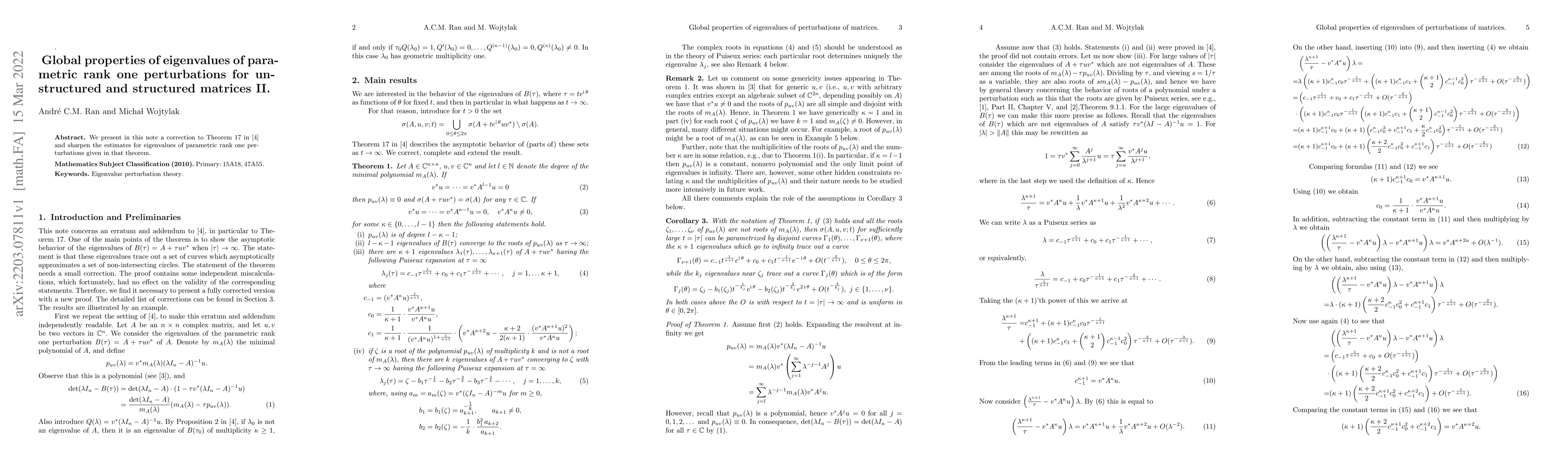 Thumbnail for Global properties of eigenvalues of parametric rank one perturbations
  for unstructured and structured matrices II