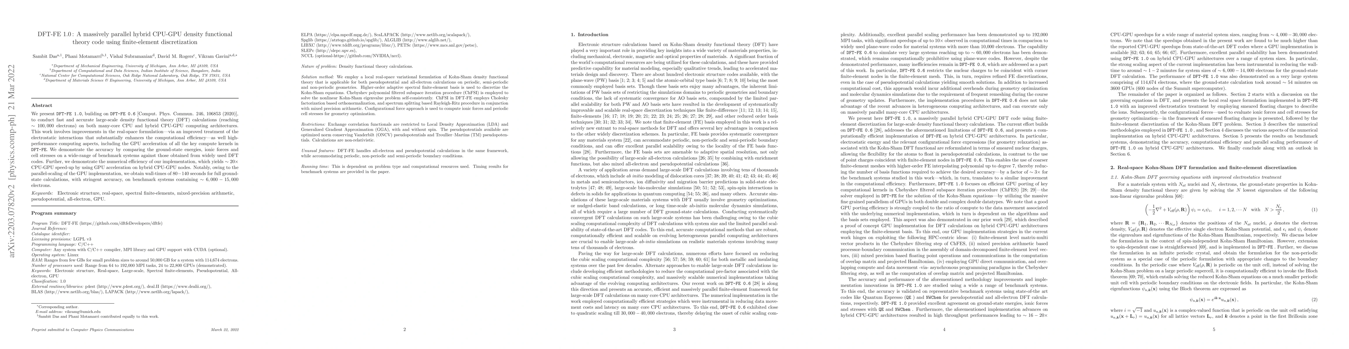 Thumbnail for DFT-FE 1.0: A massively parallel hybrid CPU-GPU density functional
  theory code using finite-element discretization