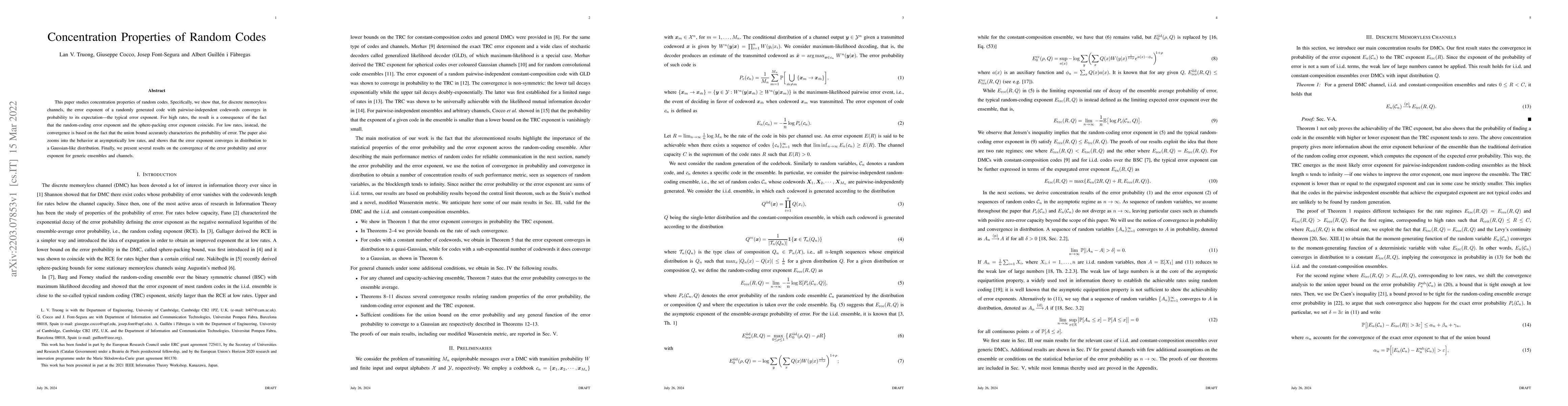 Thumbnail for Concentration Properties of Random Codes