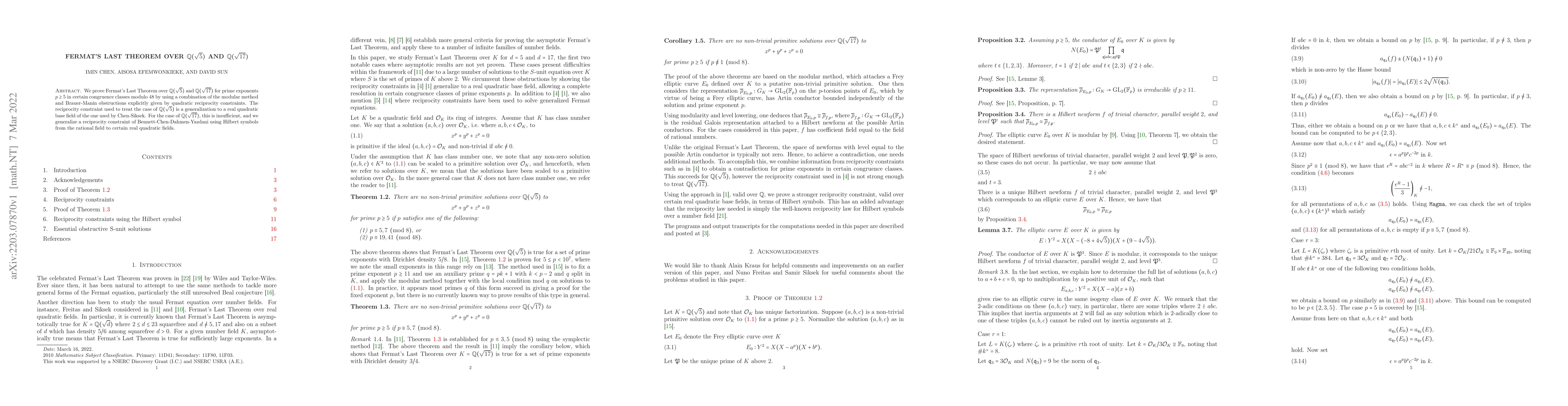 Thumbnail for Fermat's Last Theorem over ${\mathbb Q}(\sqrt{5})$ and ${\mathbb
  Q}(\sqrt{17})$