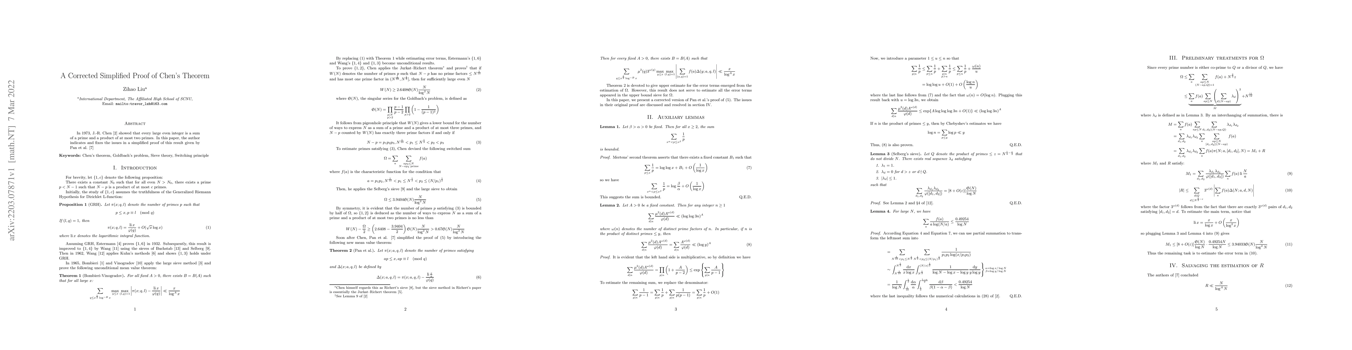Thumbnail for A Corrected Simplified Proof of Chen's Theorem