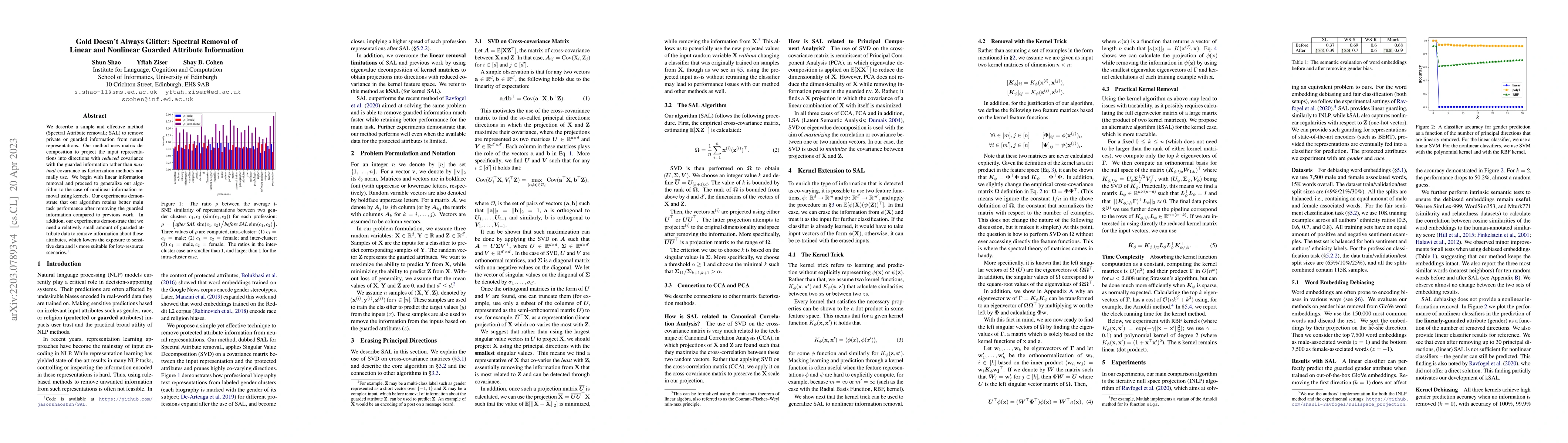 Thumbnail for Gold Doesn't Always Glitter: Spectral Removal of Linear and Nonlinear
  Guarded Attribute Information