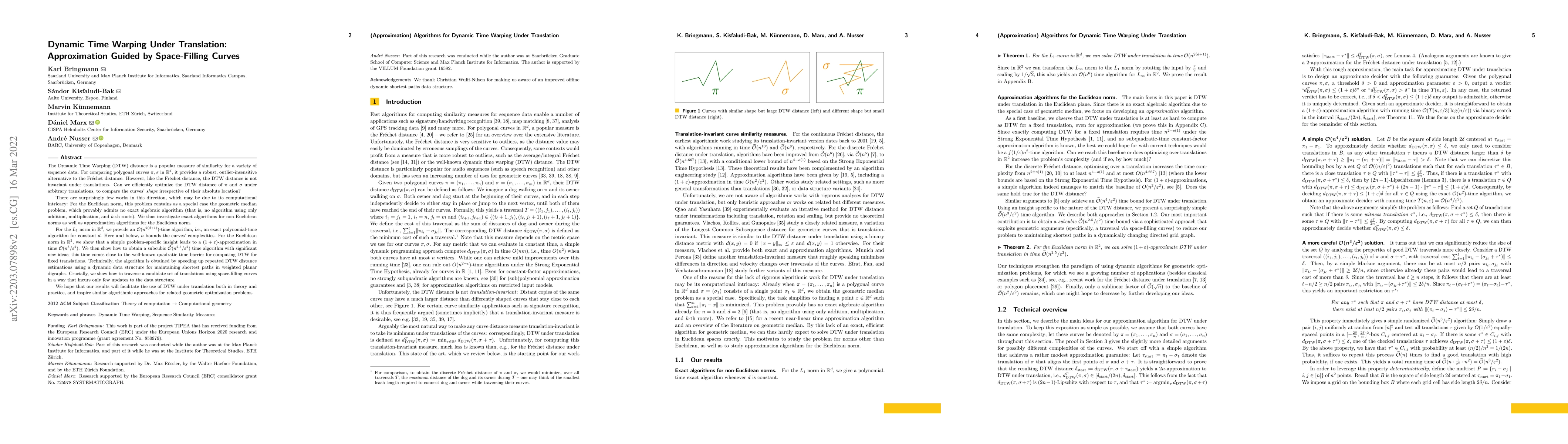 Thumbnail for Dynamic Time Warping Under Translation: Approximation Guided by
  Space-Filling Curves