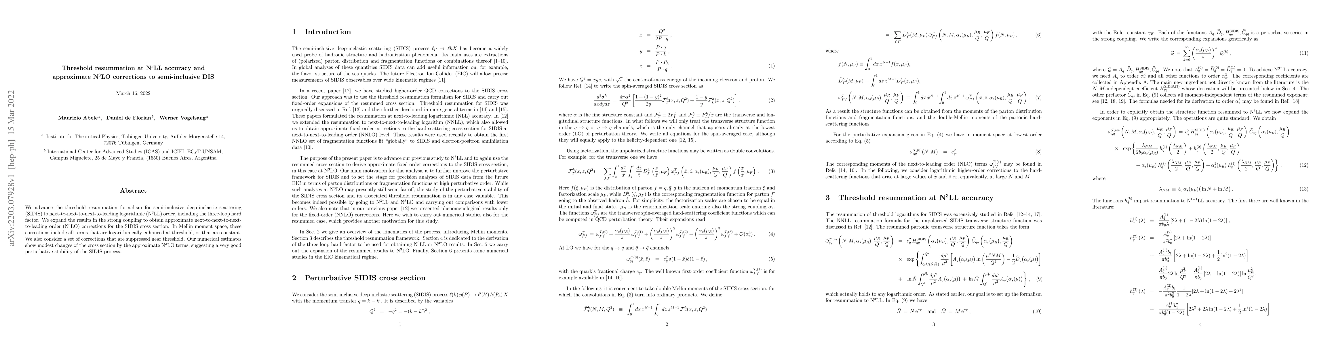 Thumbnail for Threshold resummation at N$^{3}$LL accuracy and approximate N$^{3}$LO
  corrections to semi-inclusive DIS