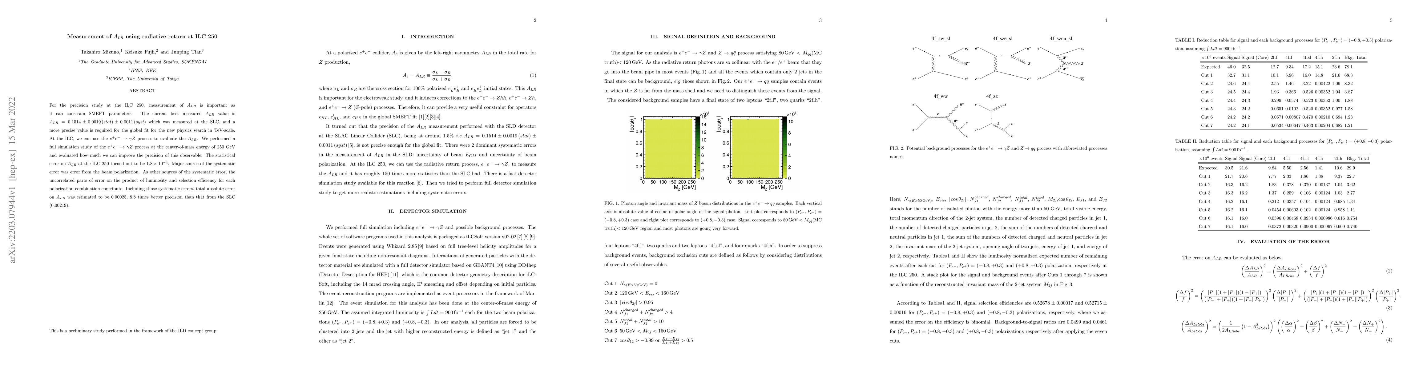 Thumbnail for Measurement of $A_{LR}$ using radiative return at ILC 250