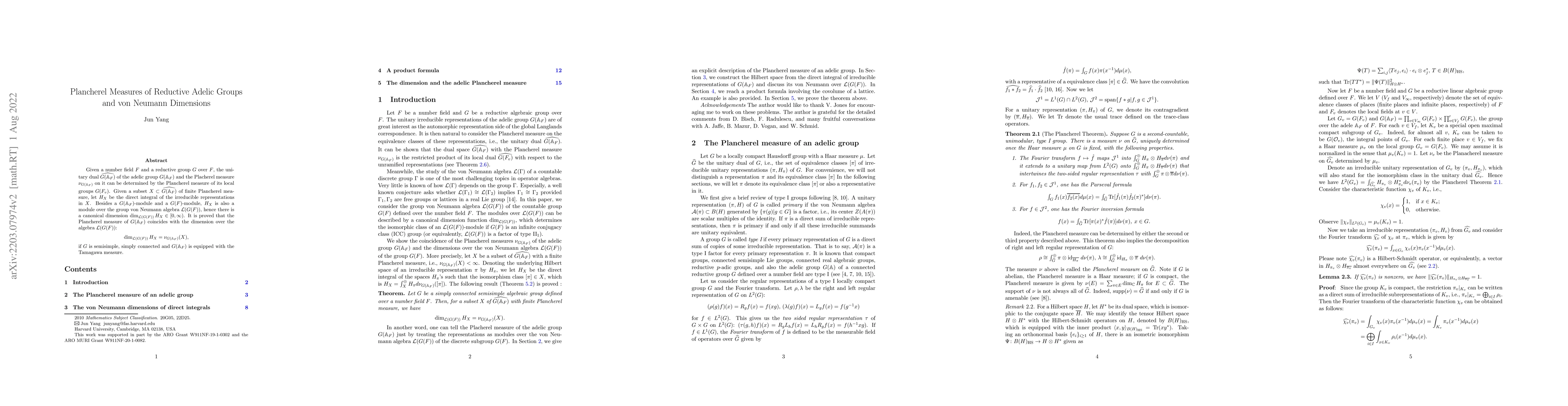 Thumbnail for Plancherel Measures of Reductive Adelic Groups and Von Neumann
  Dimensions