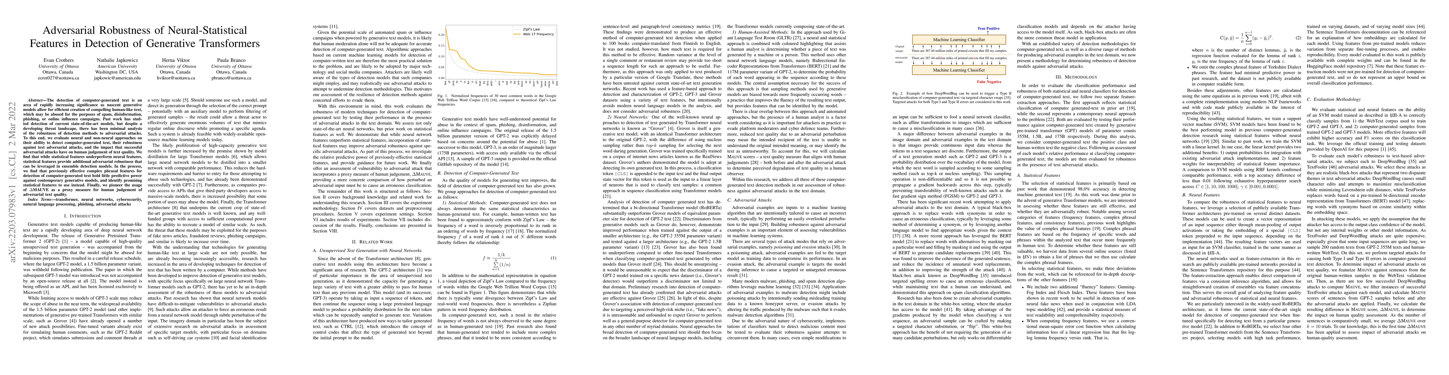Thumbnail for Adversarial Robustness of Neural-Statistical Features in Detection of
  Generative Transformers
